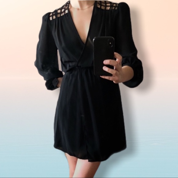 Vintage Black Sheer V-neck Mini Dress w/ Caged Style Lattice Open Back - Small - Picture 5 of 13